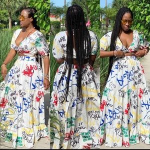 2 piece graffiti print skirt set
